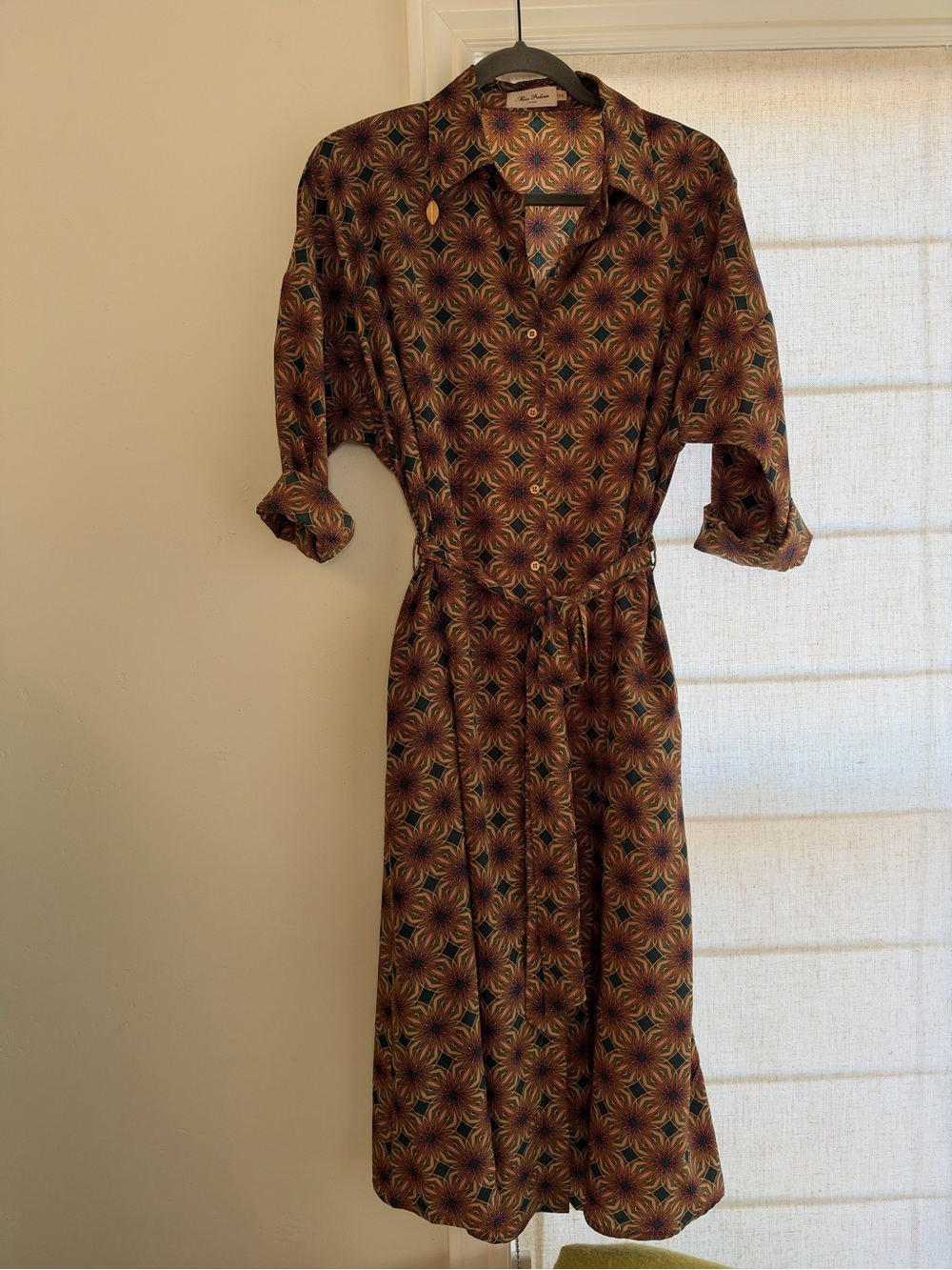 Vintage Inspired Midi Shirt Dress with Self-Tie Waist — Brown Floral Pattern